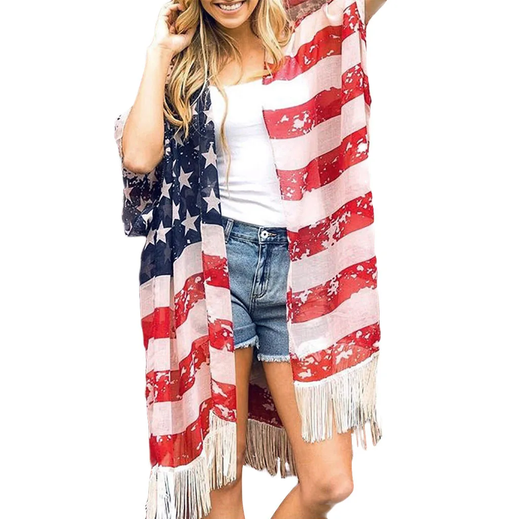 Women Tassels Chiffon Flag Kimono Long Cardigan Blouse Shawl Tops Cardigan for Women Size Large Womens Cardigans Maternity