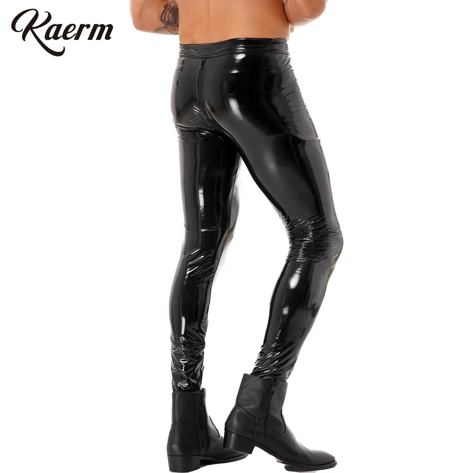 

Мужские Блестящие Кожаные Мотоциклетные колготки, длинные брюки, пикантные брюки на молнии с двумя вырезами, узкие джинсы для танцев и вечеринок, клубная одежда