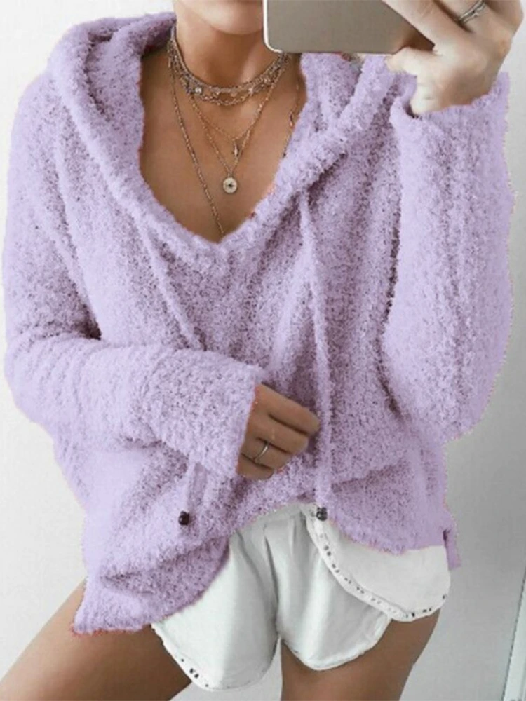 

2023 Autumn Top Women Casual Mohair Hooded Pullovers V Neck Fleece Sweater Fashion Sweet Loose Warm Winter Mohair Tops Pullover
