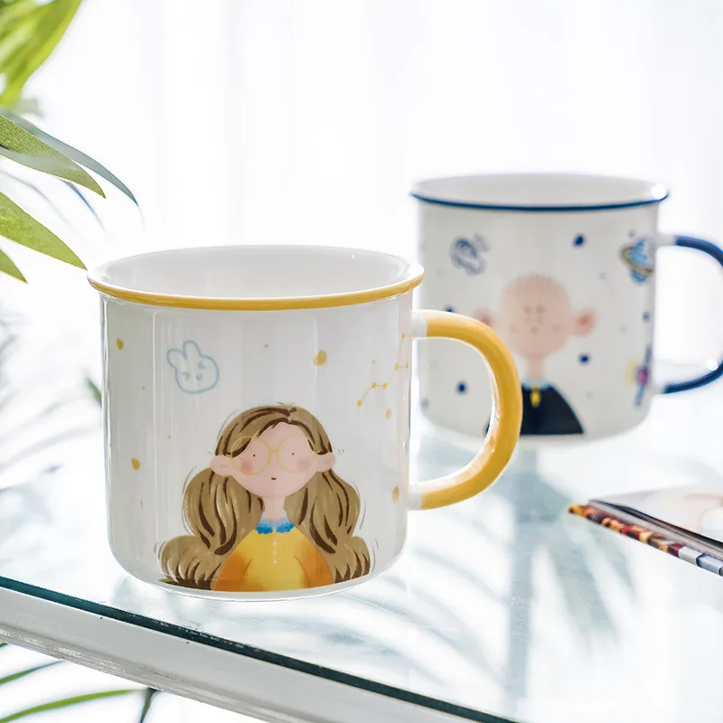 

400ML Hand-painted Mug Cartoon Cute Couple Ceramic Water Cup Creative Tea Tank Pair Cup Coffee Cup Milk Juice Cup with Handle