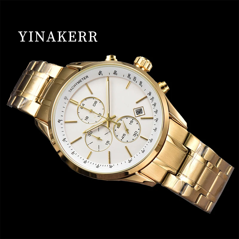 

YINAKERR Men Original Brand Luxury Quartz Watch Fashion Chronograph Clock Alloy Case Stainless Steel Band AAAA BOS Wristwatch