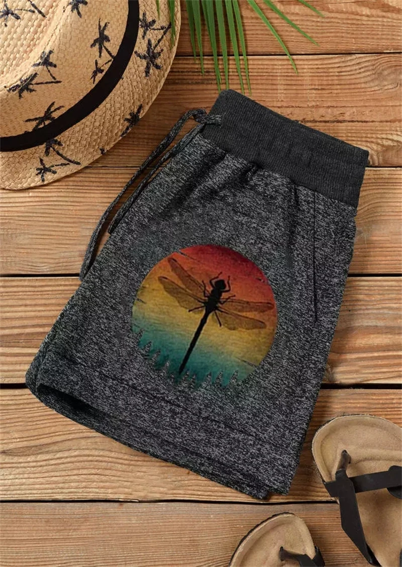 Gradient Dragonfly Pocket Drawstring Shorts Sports Shorts Women's Home Casual Fashion Yoga Shorts Hot Pants Shorts