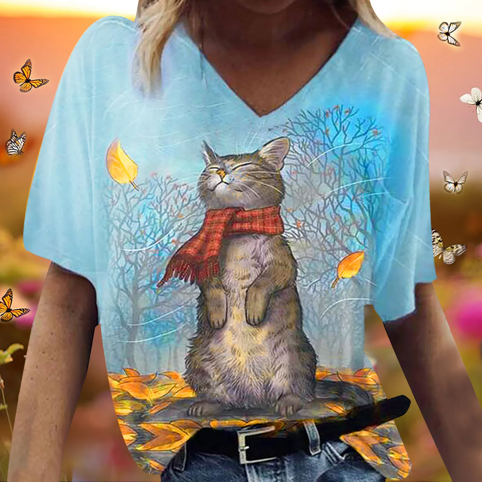 

Women Fashion Top Casual Painting Print Sleeve T-shirt Blouse V-Neck Short Cat Womens Shirts Long Sleeve Casual High Neck Top