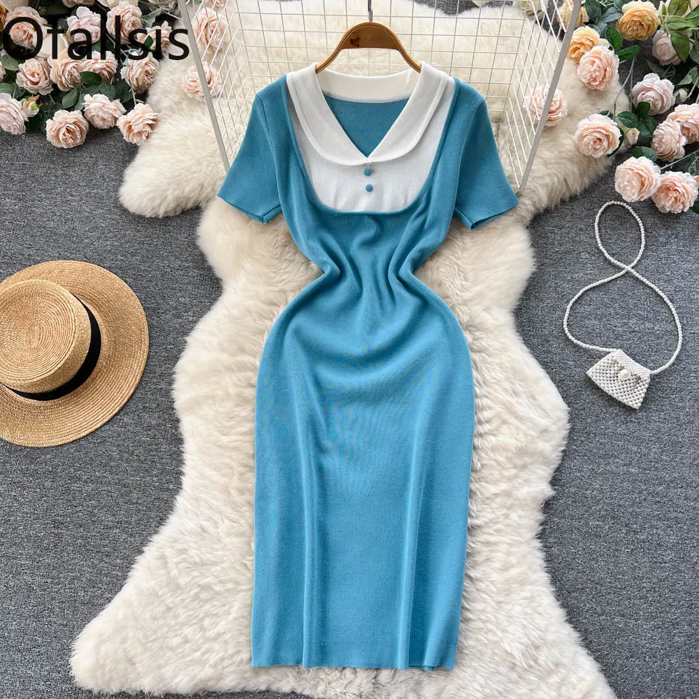 

Женское трикотажное платье с V-образным вырезом Ofallsis, приталенное платье контрастных цветов в стиле ретро, облегающее платье с глубоким выр...