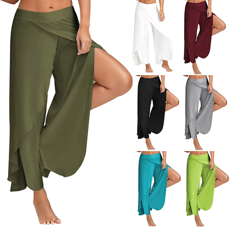 Women Summer Wide Leg Pants Loose Fitness Yoga Split Trousers Mandala Open Leg Pants Comfort Gypsy Hippie Aladdin Harem Pants