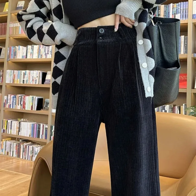 

Thin/Corduroy Wide-Leg Pants Women's Autumn and Winter Fleece-Lined2021New Mop Pants Loose Straight High Waist Suit Pants