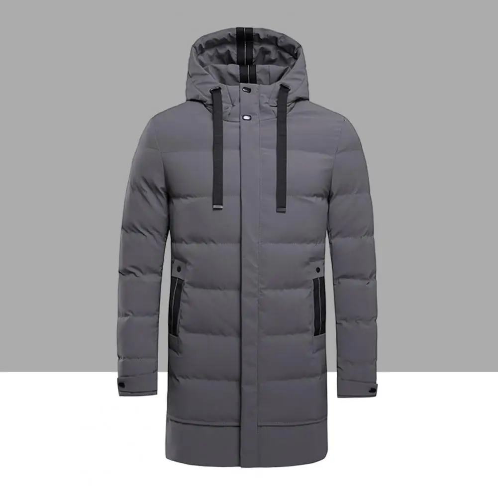 Autumn Winter Men Jacket Cotton Padded Hooded Long Sleeve Drawstring Mid-length Windbreaker for Daily Wear