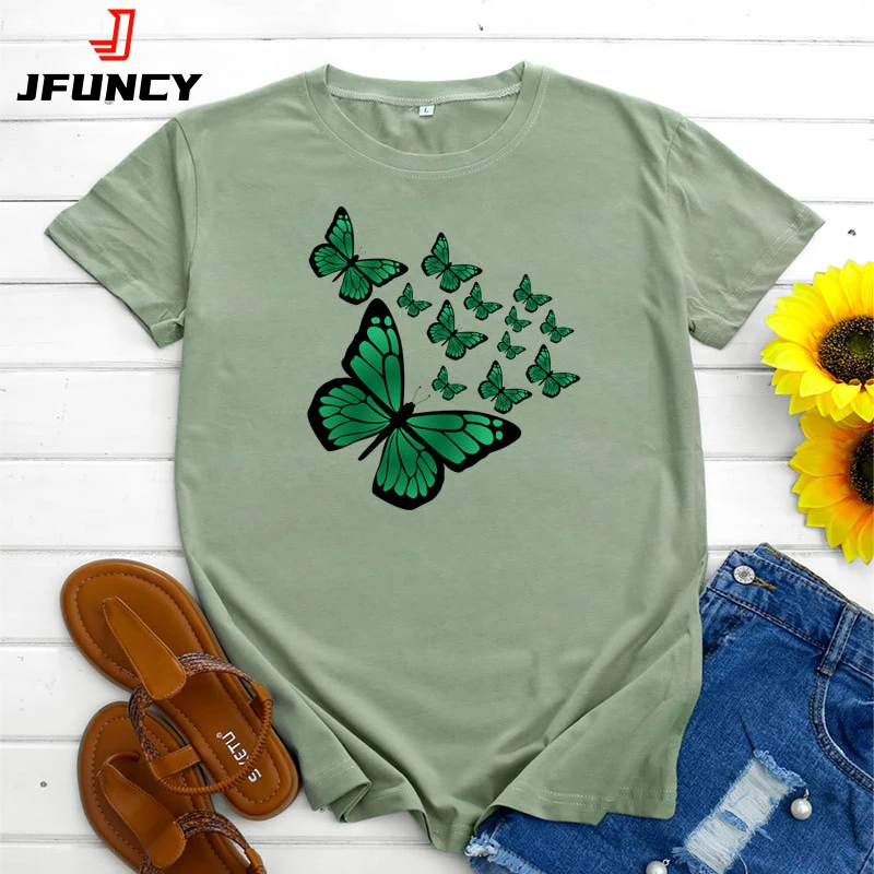 JFUNCY Butterfly Printed T-shirt Women Top  Tee Shirt Woman Clothing Summer Female Short Sleeve Cotton Graphic Tshirt