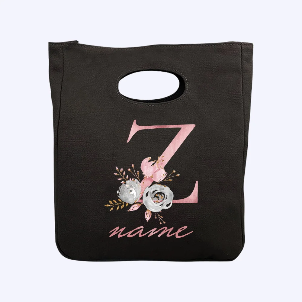 Thermal Lunch Box Custom Name 26 Pink Letter Series Black Handbag Lunch Bags for Women Portable Kids Cooler Bag Food Tote Bag