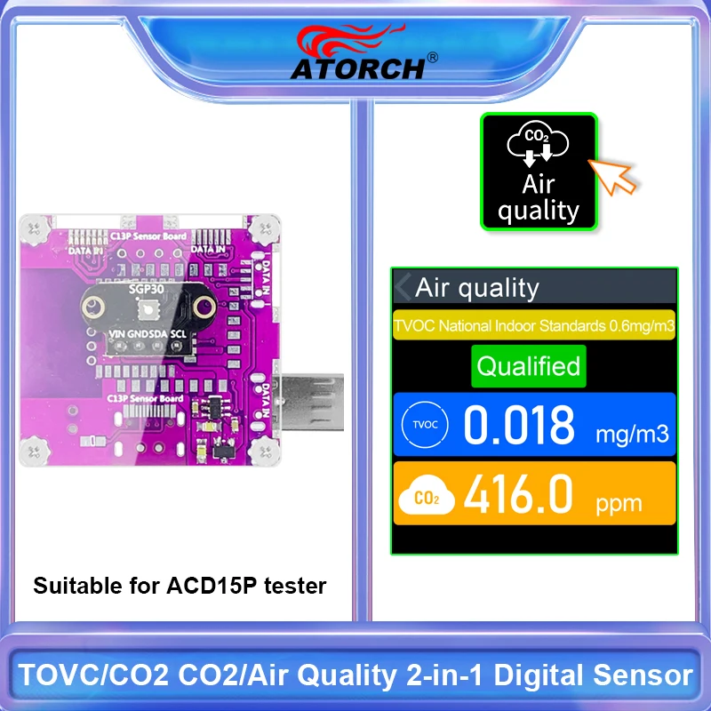 

ATORCH ACD15P Цифровой датчик качества воздуха 2-в-1