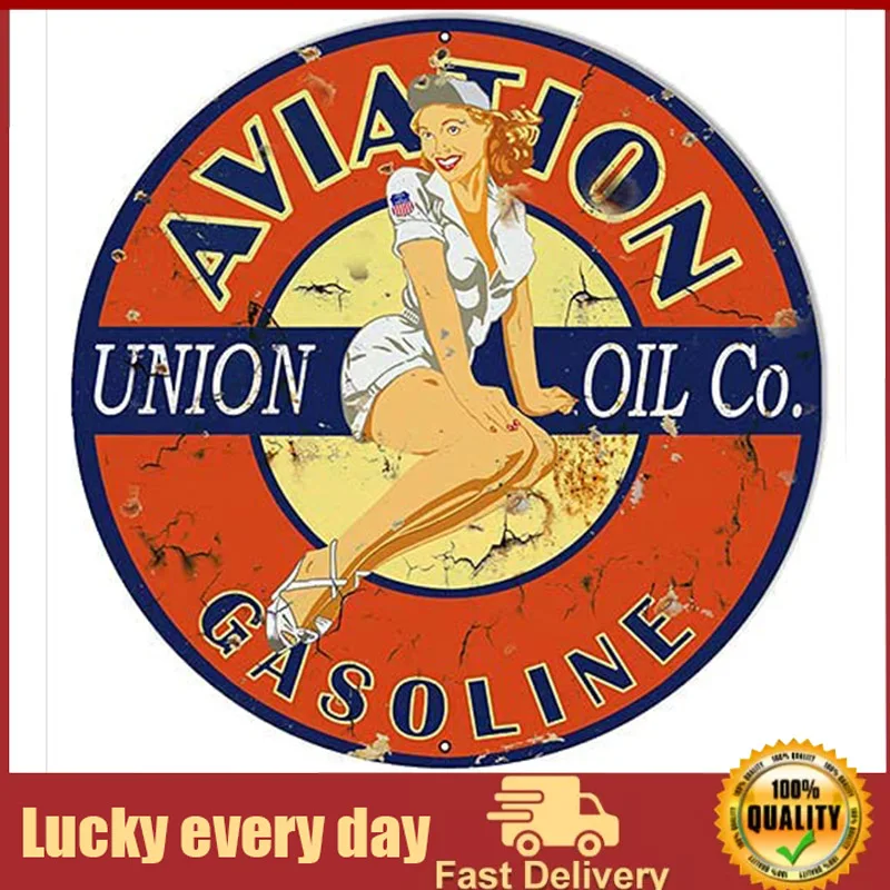 

Happyen Muroanmi Vintage Metal Signs Aviation Aged Pin Up Girl Reproduction Motor Oil Sign Man Cave Garage Wall Decor Round Sign