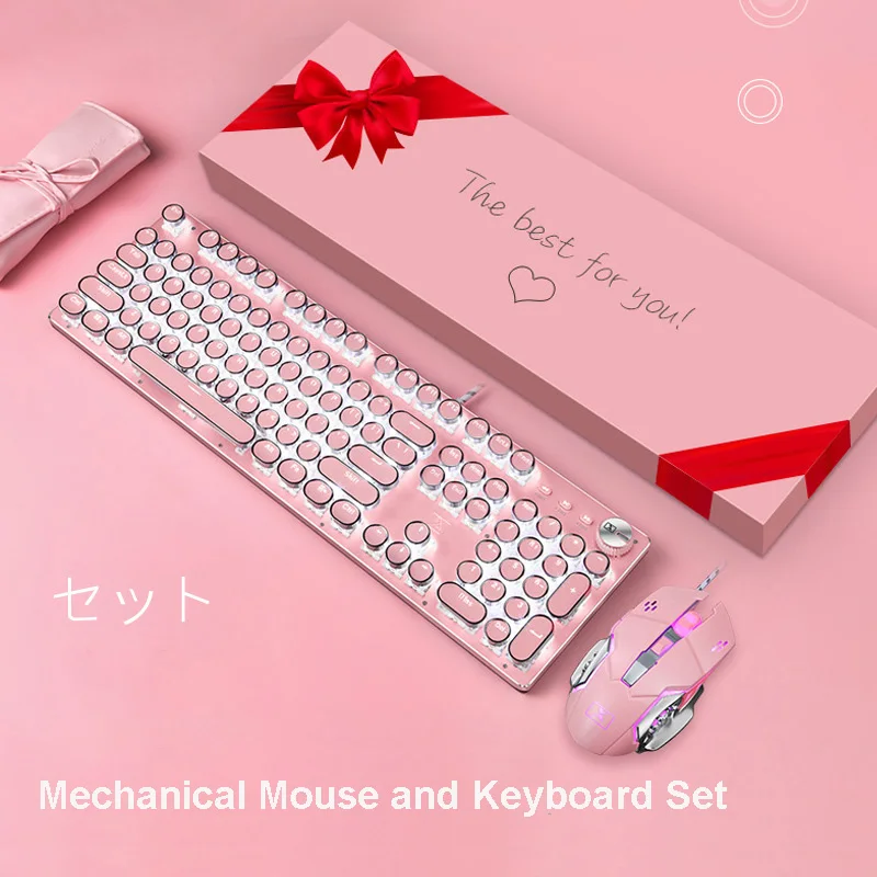 Mechanical Keyboard Wired Full Size Pink Light LED Backlit Gaming Wired Keyboard Gamer 104 Keys Blue switch for Desktop Laptop