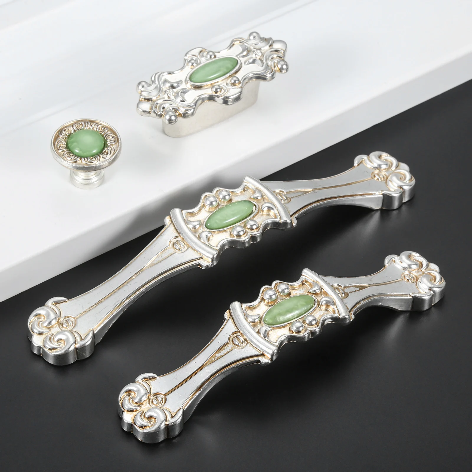 

1 pc chic Silver White pulls knob double hole Handles Furniture hardware for Kitchen Cupboard Cabinet Dresser Door Green Jade
