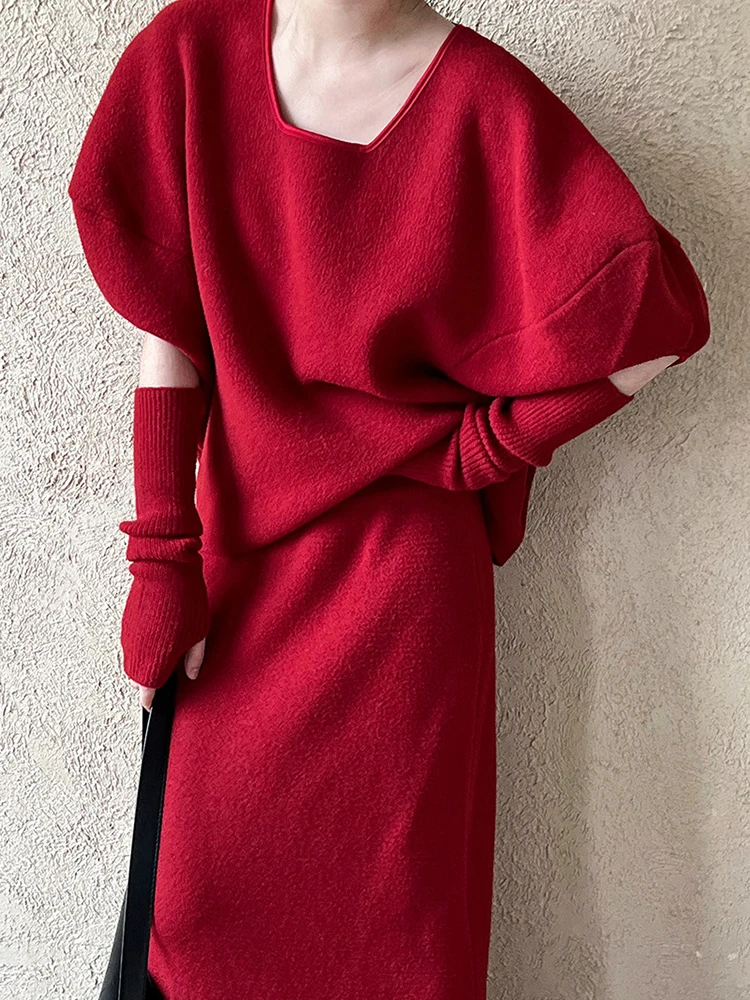 LANMREM Элегантный вязаный комплект женский пуловер с круглым вырезом и рукавами +