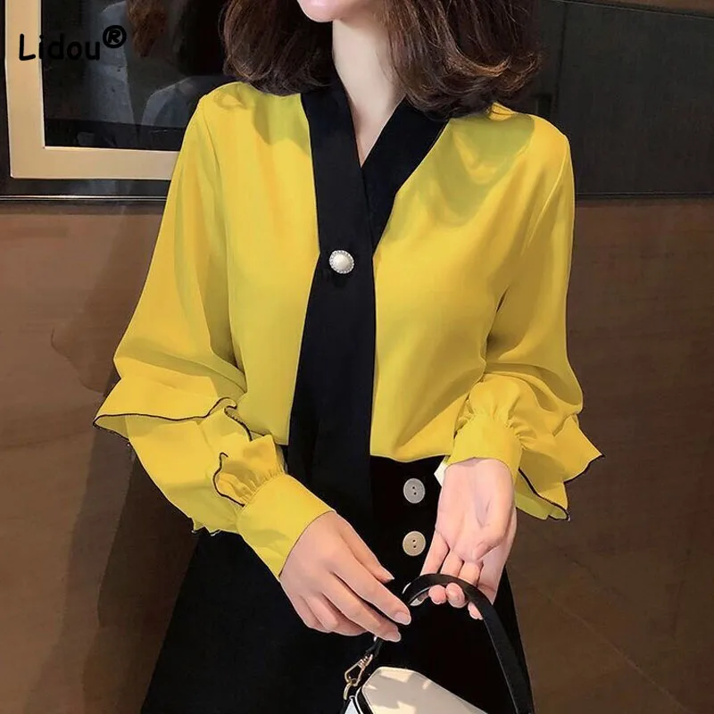 

Office Lady Commute Ruffles Spliced Long Sleeve Blouse Spring Autumn Solid Color Beading Fashion V-Neck Shirt Women's Clothing
