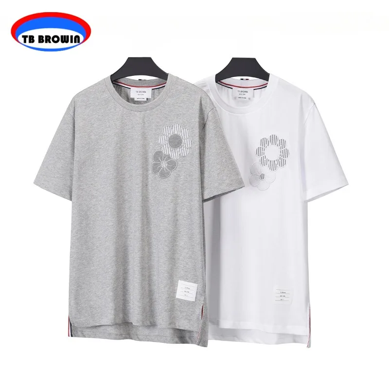

TB BROWIN Thom Embroidery Printed T-shirt Men's Summer Fashion Short Sleeve Tops Y2k Casual Round Neck Cotton Ribbon Split Tees