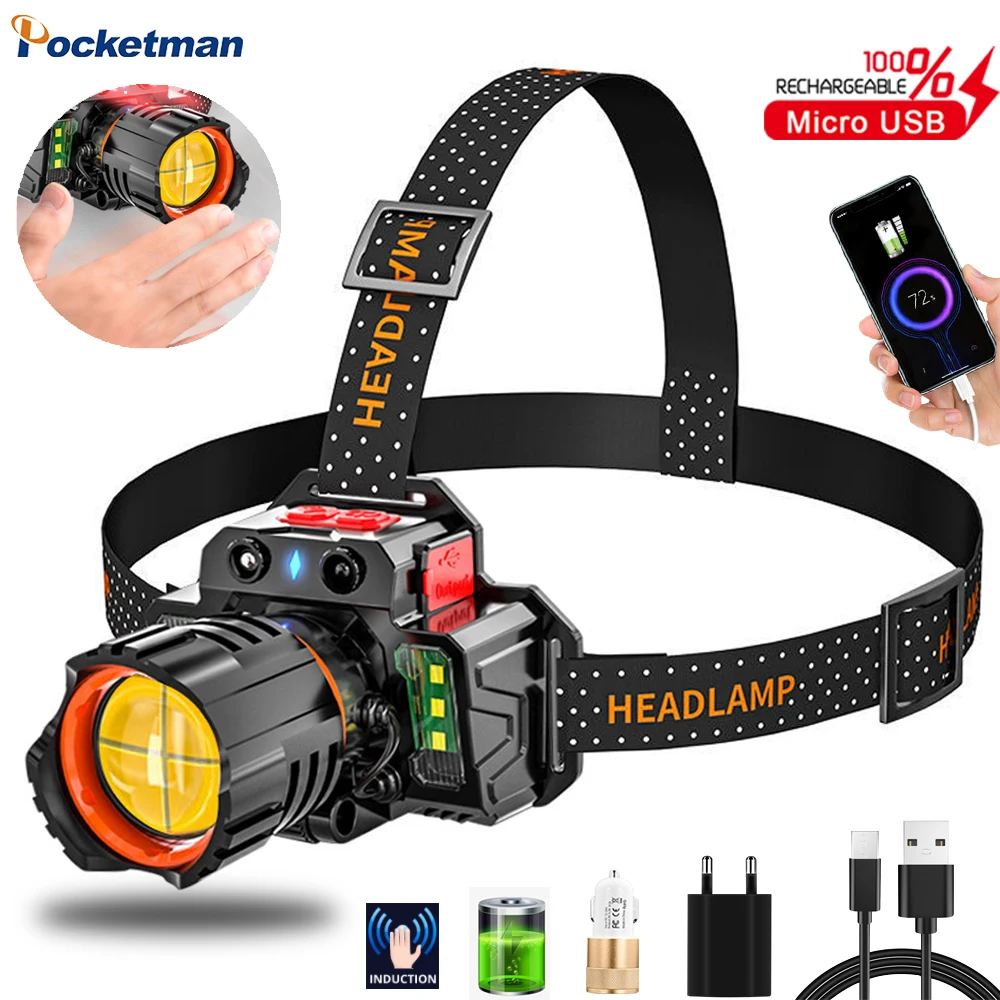 

P50 induction headlamp with side light, built-in rechargeable battery, five modes, headlight with type-C cable