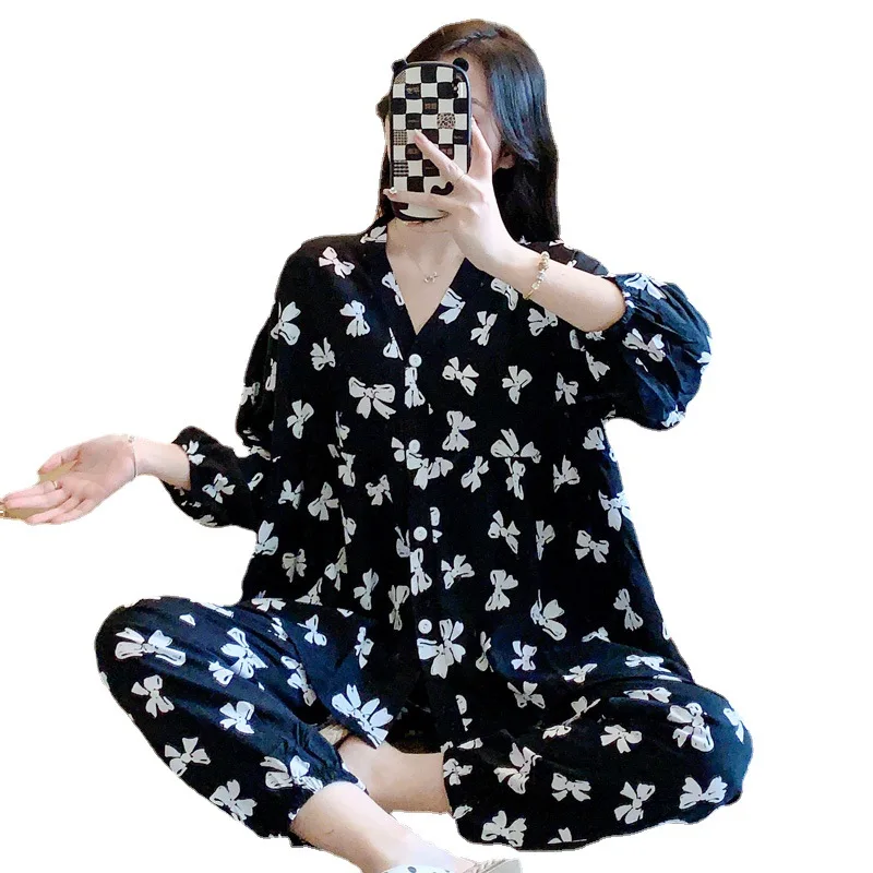 2023 New Pajamas for Women's Spring and Autumn Thin Japanese Style Three-quarter Sleeve Cardigan Pure Cotton Home Service Suit