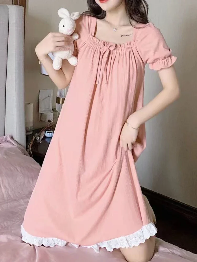 Ночные рубашки с бантом женские элегантные летние пижамы миди пышными рукавами