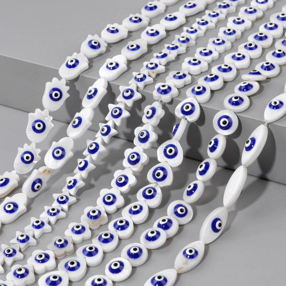 

Natural White Shell Bead Fatima Shape Dark Blue Round Evil Eye Beads for Bracelet Necklace DIY Jewelry Making Accessori Supply