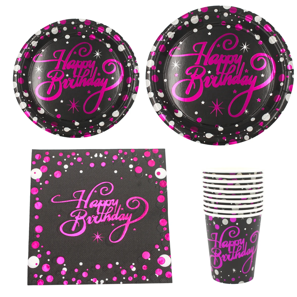 

[RainLoong] Hot Pink Happy Birthday Disposable Party Tableware Set Foil Paper Plate Cup Napkin For Birthday Decoration