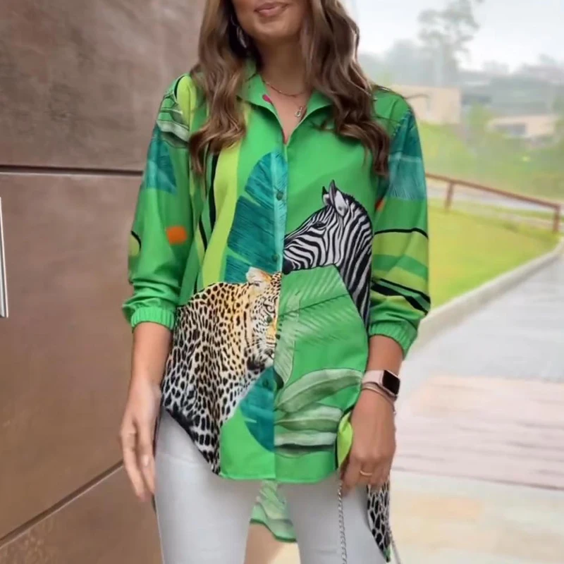 

Casual Commuter Single Breasted Patchwork Blouses Autumn Fashion Animal Leopard Print Women Shirt Elegant Lapel Long Sleeve Tops
