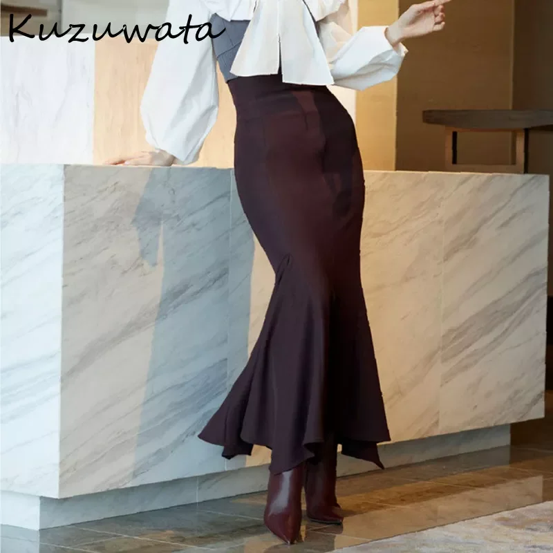 

Kuzuwata 2022 Autumn Winter New Women Jupes Japanese Temperament Faldas Solid High Waist Irregular Folds Slit Mermaid Skirts