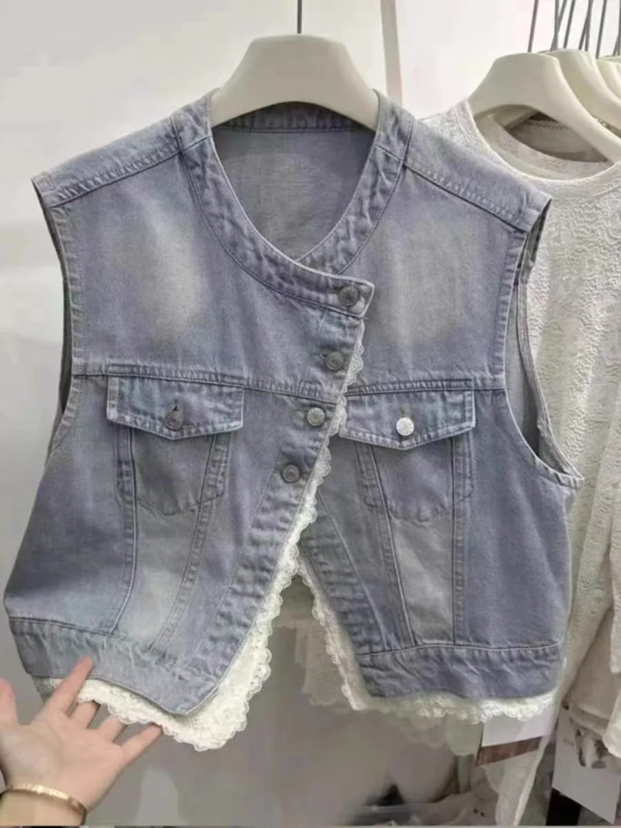 Корейский кружевной лоскутный жилет без рукавов для женщин 2024 весна и осень