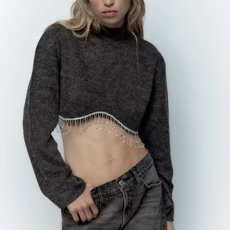 

Fashion Crop Top y2k Clothes for Women Europe and America Style Casual O Neck Long Sleeve Tassels Patchwork Sweater Pullovers
