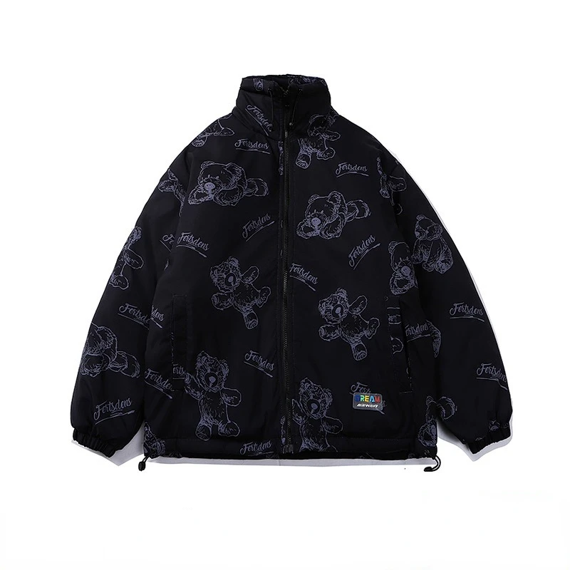 

Retro Bear Parkas Men Streetwear Letter Embroidery Printing Coats Mens Hip Hop Harajuku Casual Loose Warm Outwear Couples