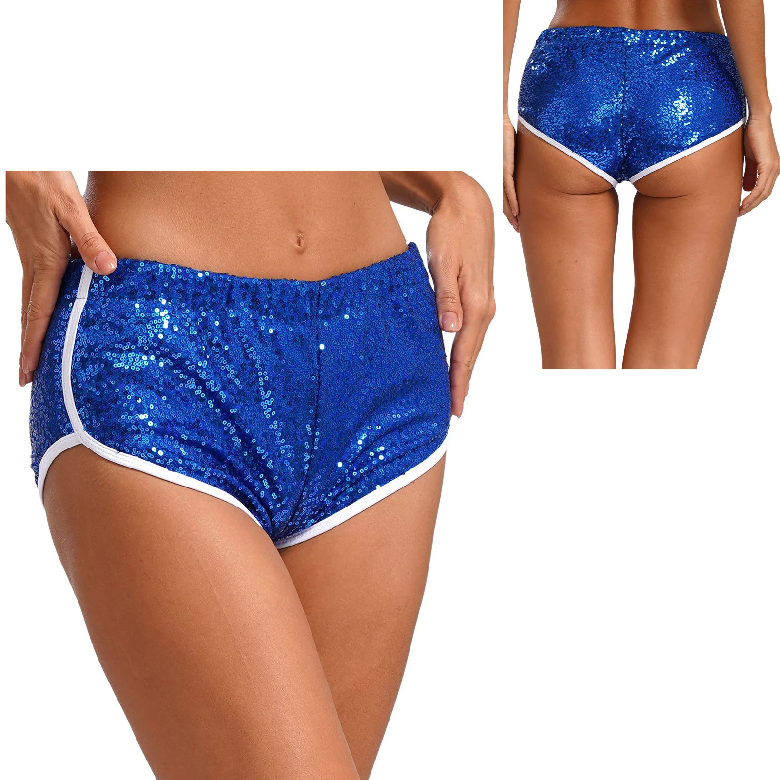 Womens Sparkly Sequin Low Rise Booty Shorts Elastic Waistband Fully Lined Cheeky Hot Pants Fancy Dancing Show Daily Chic.