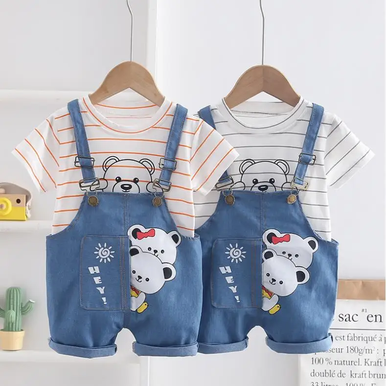 

Newborn Baby Clothes Set Summer boy girl cartoon Striped casual T-shirt+denim overalls shorts 2pcs infant outfits kids Costume