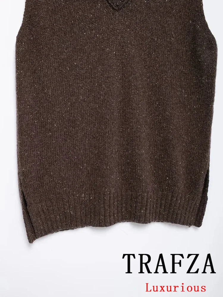 TRAFZA винтажный повседневный шикарный женский вязаный костюм коричневый