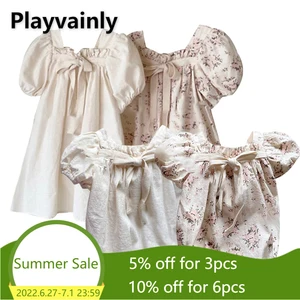 Korean Summer Family Matching Clothes Baby Girl Apricot Floral Short Puff Sleeves Princess Dress+Bod