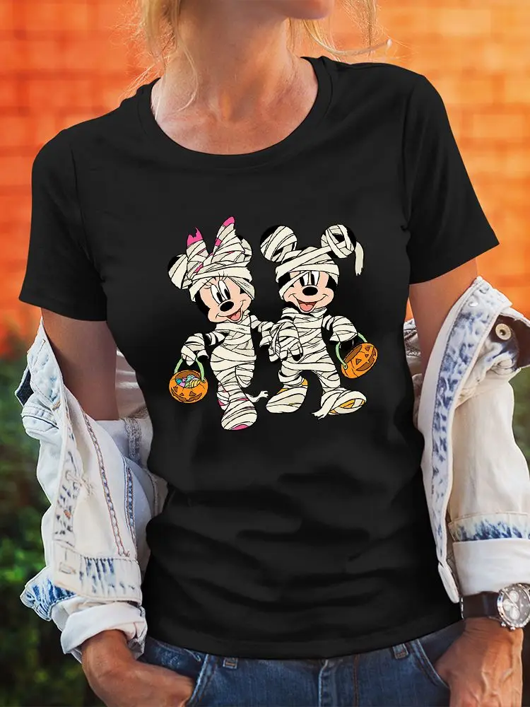 Minnie Mickey Funny Print Disney Black Women T-Shirt Halloween Series Clothes Casual Comfy Style Female T Shirt Harajuku Clothes