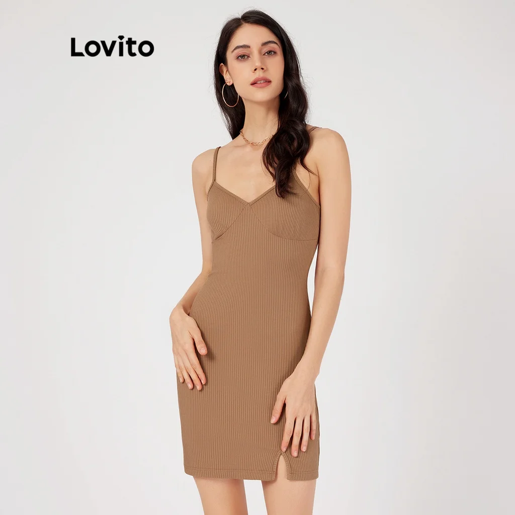 

Lovito Casual Plain Rib-Knit Split Spaghetti Strap Dress L23LD046 (Khaki)