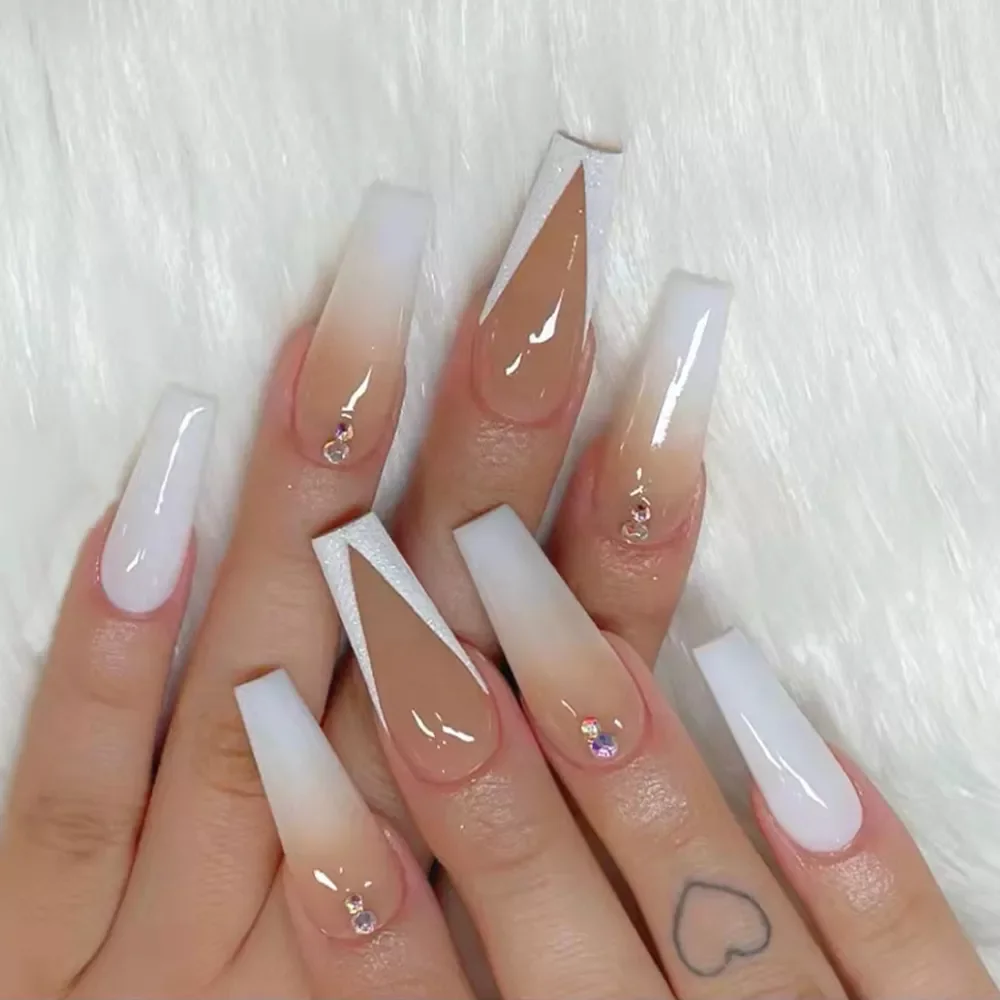 

Long Coffin Fake Nails Milky White Gradient Design Ballerina False Nails With Glue Full Cover Nail Tips Press On Nails