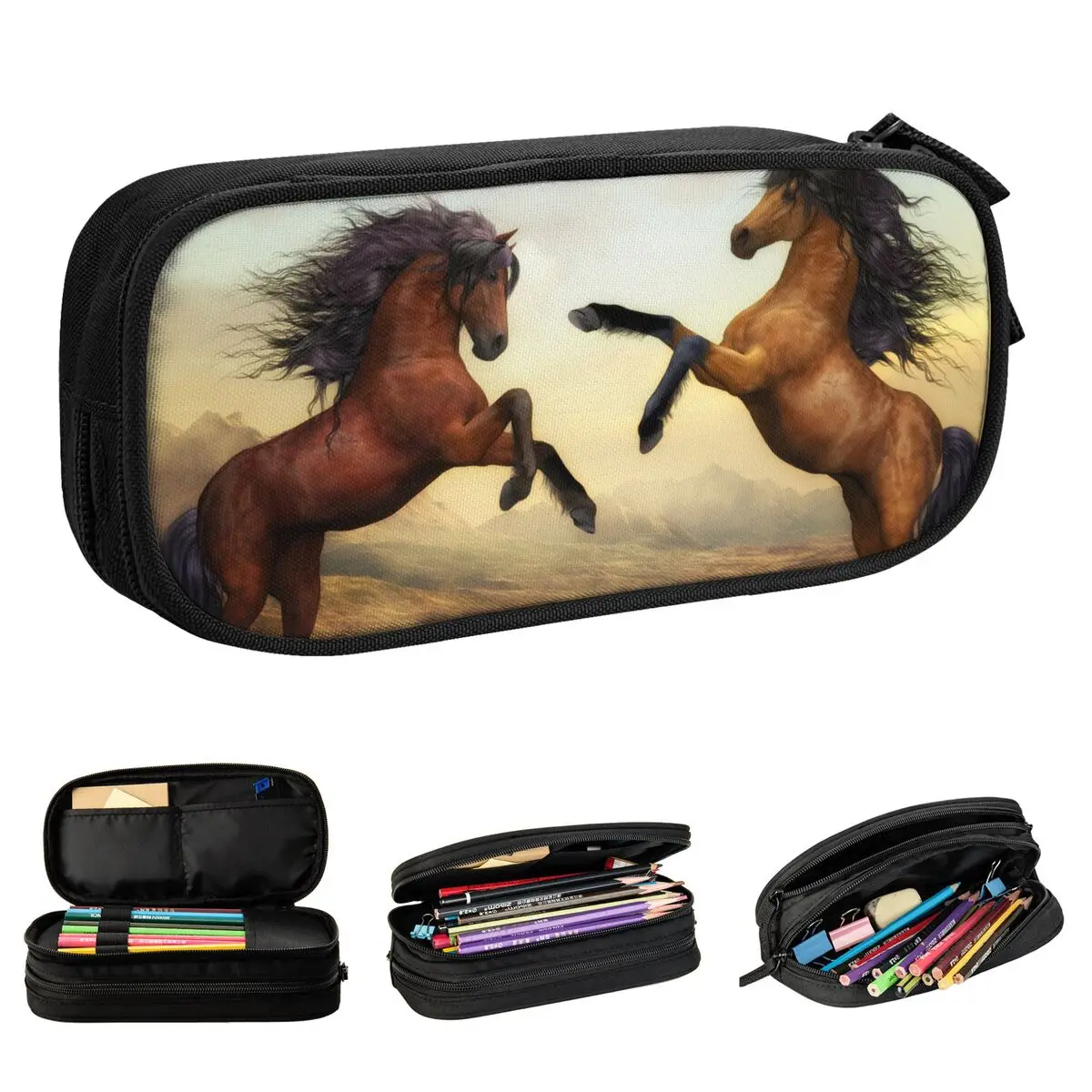 

Brown Horse Pencil Cases Fun Galloping Animal Lovers Pen Holder Bags Student Big Capacity School Supplies Gift Pencilcases