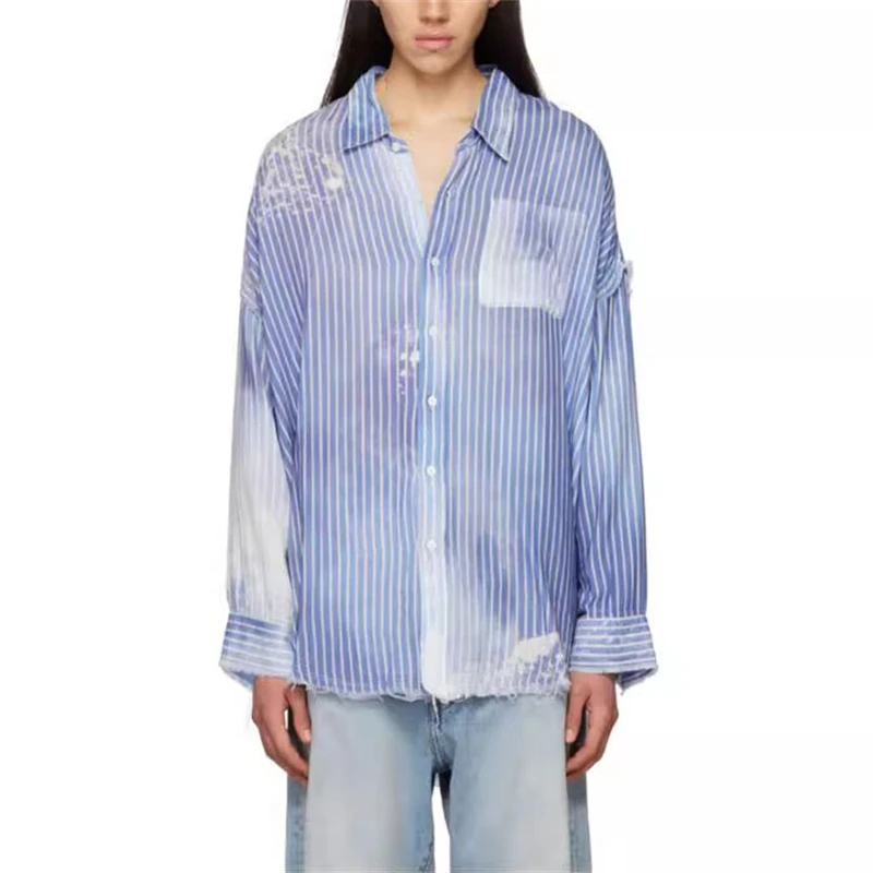 

2023FW new women's lapel cottonstriped printed long-sleeved shirt y2k high-qualityfashion casualmid-length loose blue shirt coat