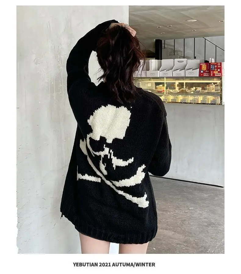 Женский вязаный свитер в стиле ретро Y2k Свободный пуловер с темным черепом модная