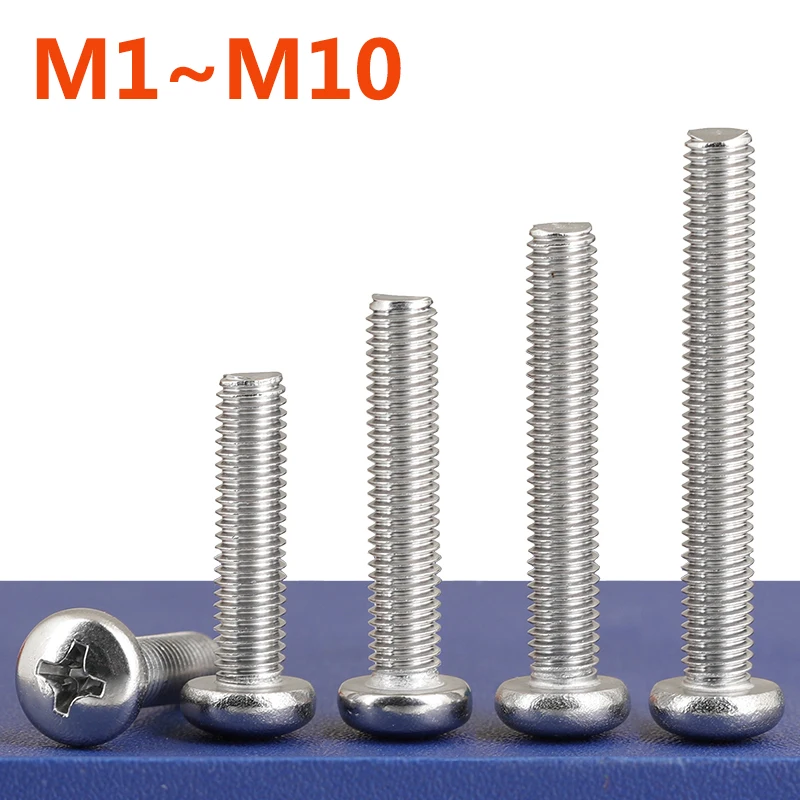 

304 Stainless Steel PM Round Head Cross Screws Round Head Pan Head Cross Machine Screws Flat Tail Bolts M1 M1.2 M1.4~M8M10 GB818