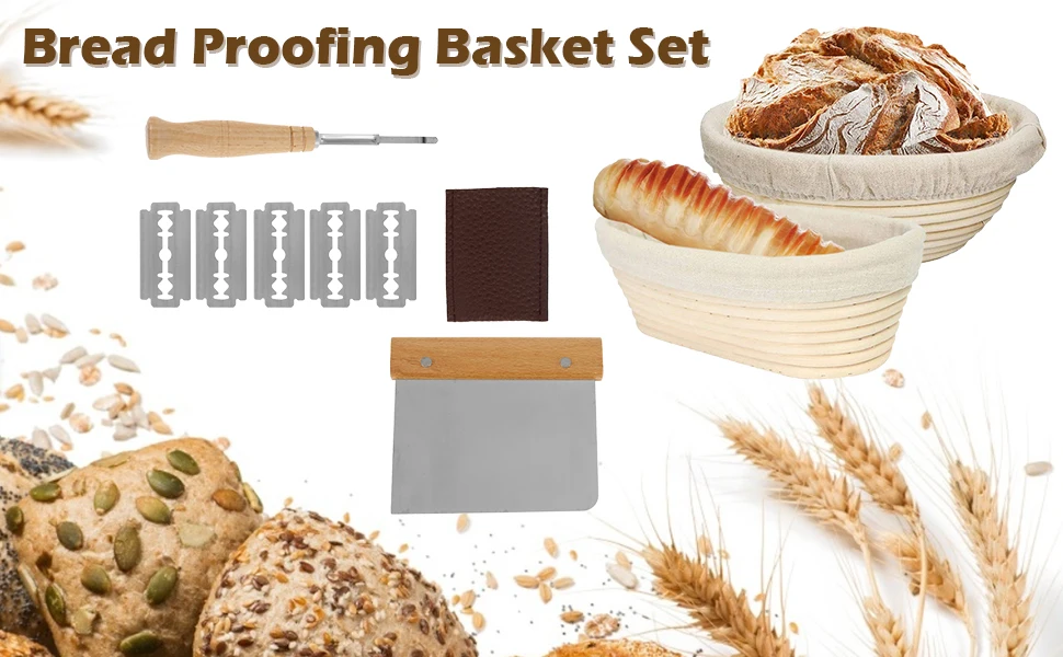 

2 Pack Bread Proofing Basket Set 9.6 Inch Oval and 10 Inch Round Natural Rattan Sourdough Bread Basket Brotform Banneton with