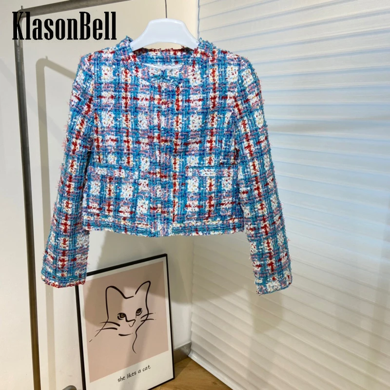 

7.29 KlasonBell Luxury Plaid Round Neck Long Sleeve Short Tweed Jacket Women