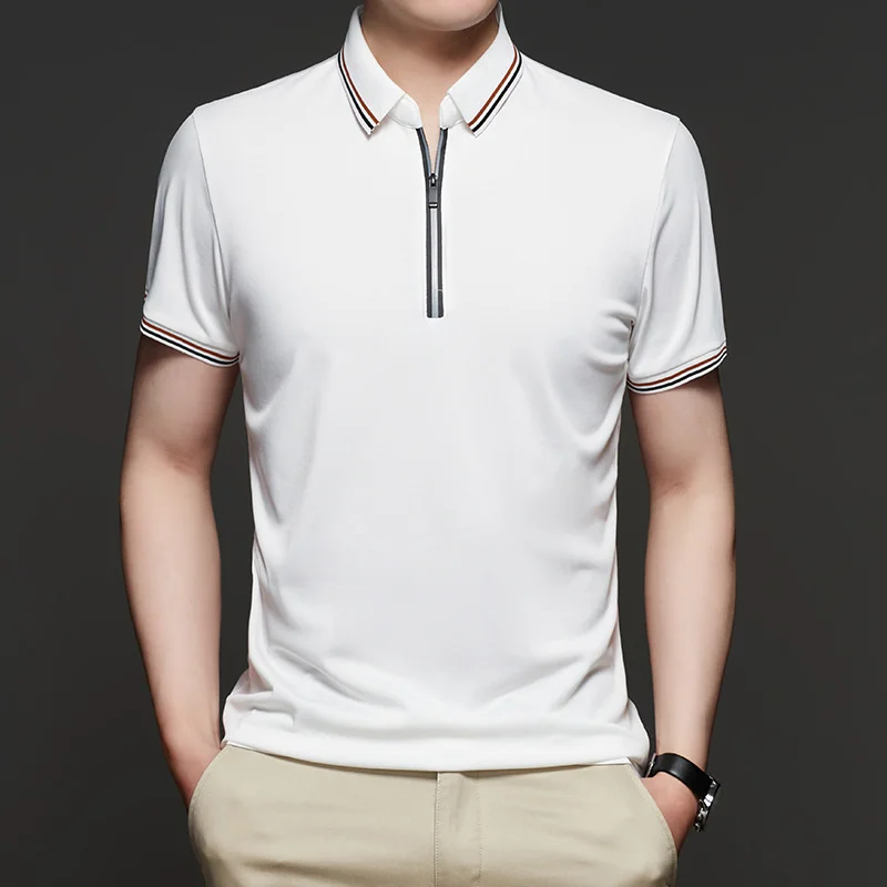 

#6014 Office Man's Polo Shirt Short Sleeve Turn-down Collar Zipper Thin Summer Tops Business Polo Shirt For Men Solid Color 4XL