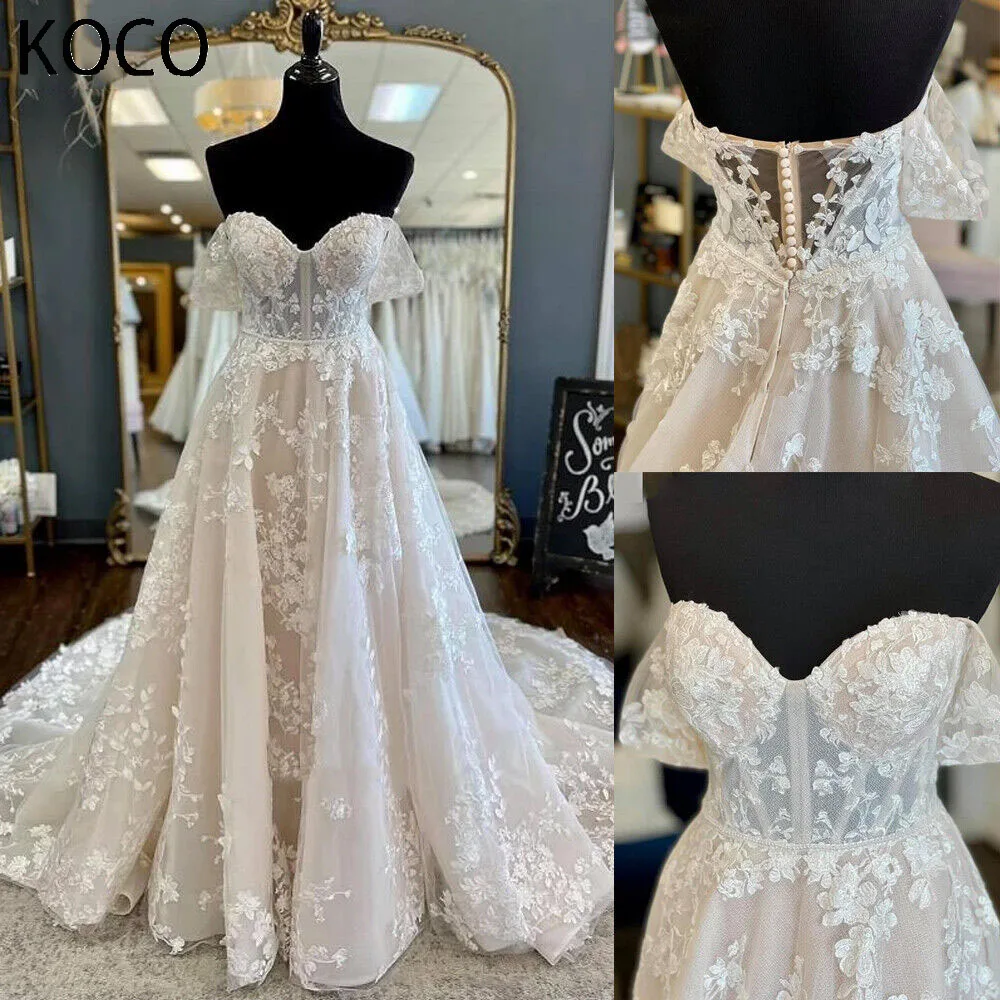 

MACDOUGAL Off The Shoulder Wedding Dresses Lace Appliques Sweep Train A Line Bridal Gowns vestido de noiva robe de mariée