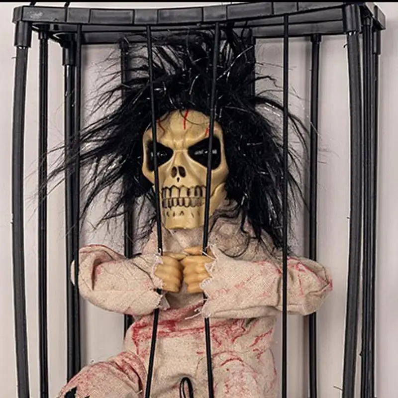 

Screaming Halloween Decorations Scary Skull Activated Props Electric Glowing Eyes Hangable Talking Prisoner Cage Ghost Vocalize