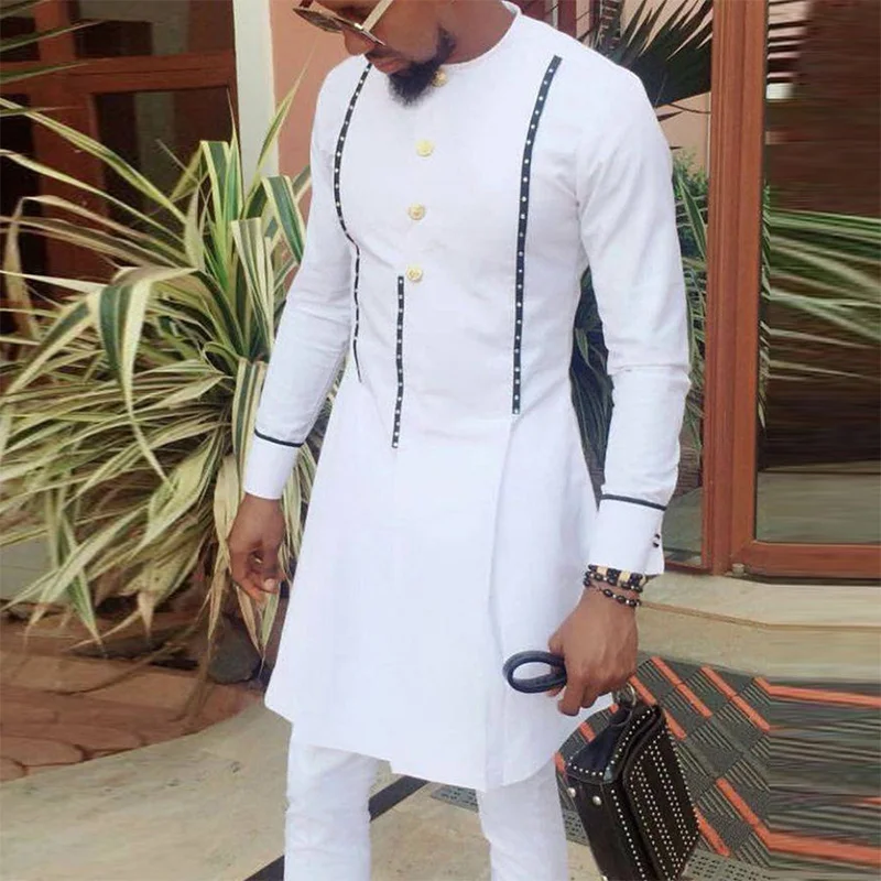 

White Longline African Dress Shirt Men 2023 Brand Long Sleeve African Dashiki Clothes Men Hip Hop Streetwear Camisa Masculina