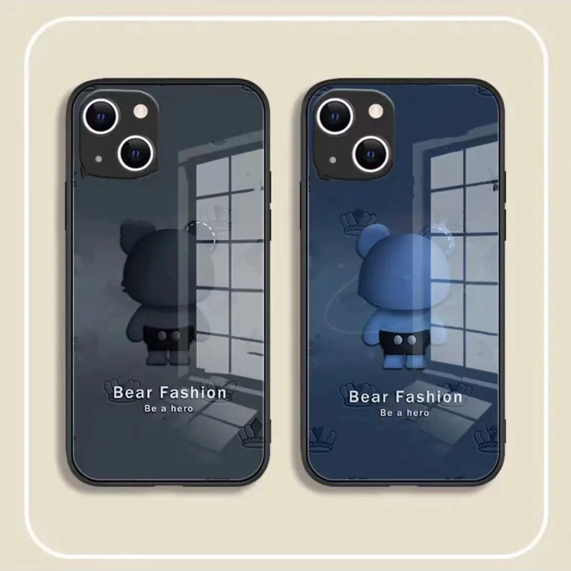 

Cartoon Bear Painted Glass Phone Shell For iPhone 13 11 14 Pro Max 12 Mini XS Max X XR 6 7 8 Plus Se 2 Soft Silicone Back Cover