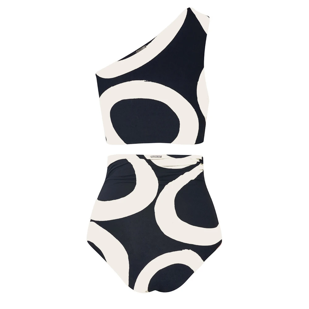 Colorblock Round Print Swimsuit Suit Sexy One Shoulder High Waist Cut Two Piece Bikini Backless Elegant Beachwear Women 2022