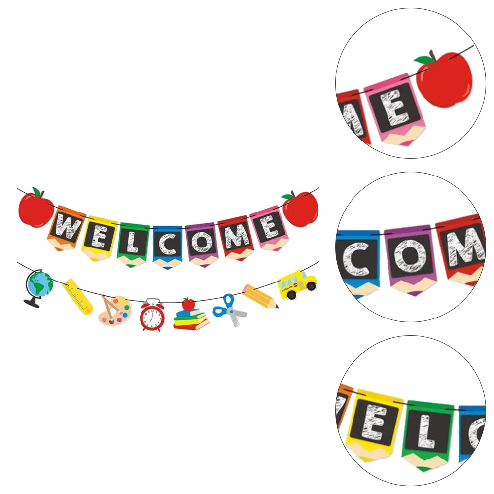 

2 Pcs Back-to-School Season Hanging Flag Welcome Back To School Banners Curtains Banner 105x16x0.1cm Door Party Paper Sign